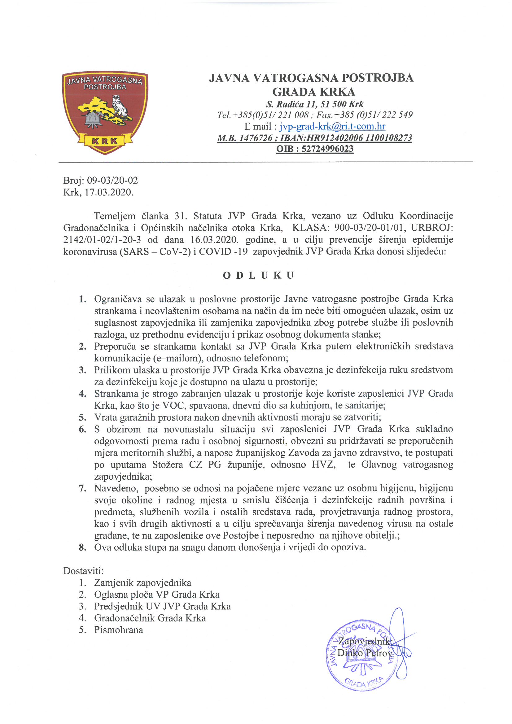 Odluka o ograničavanju rada sa strankama